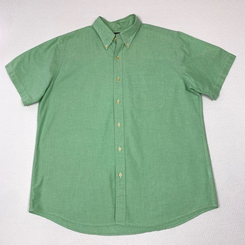 Lands End Mens L 16-16.5 Green Oxford Button Down Short Sleeve Shirt Regular